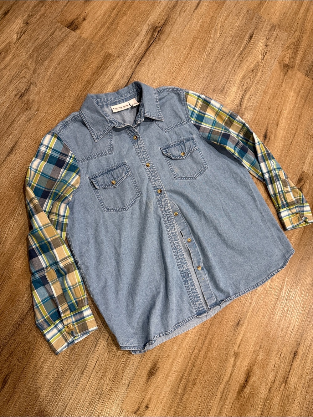 Vintage 100% Cotton Denim Button-Front Shirt with Plaid Sleeves Blue Green Brown